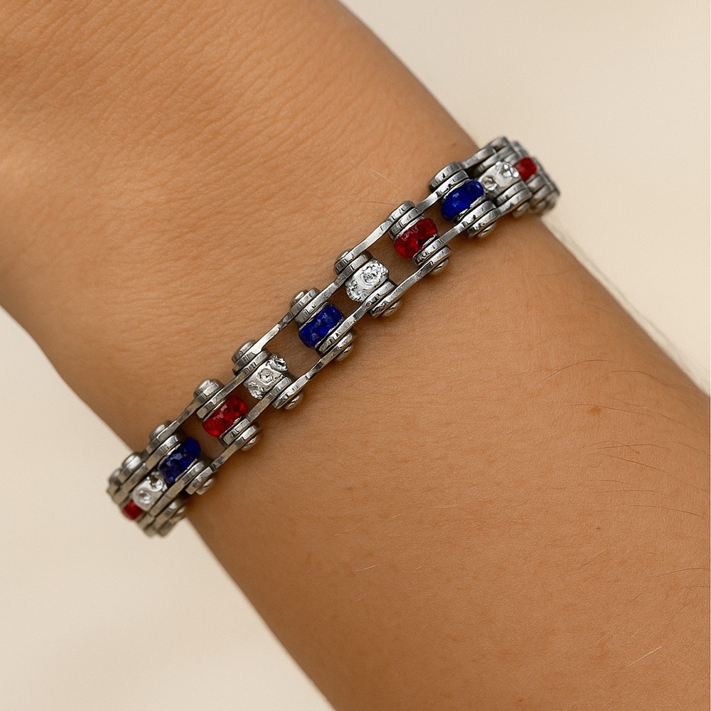 Red, White, and Blue Stone Mini Bike Chain Stainless Steel Bracelet